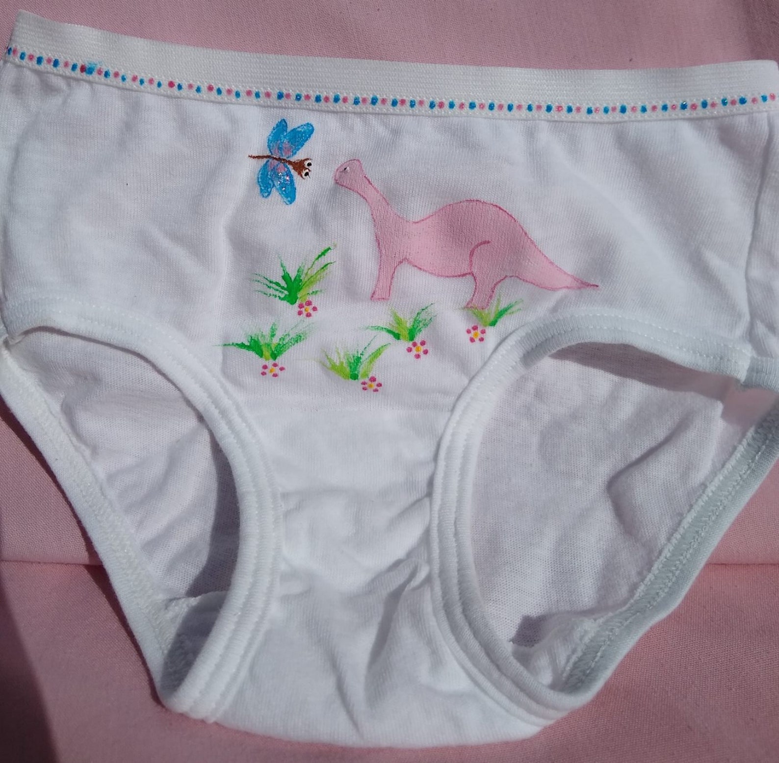 DINOSAUR UNDERWEAR, Girls Panties, Pink, Hand Painted, Girls Size 4,6,8