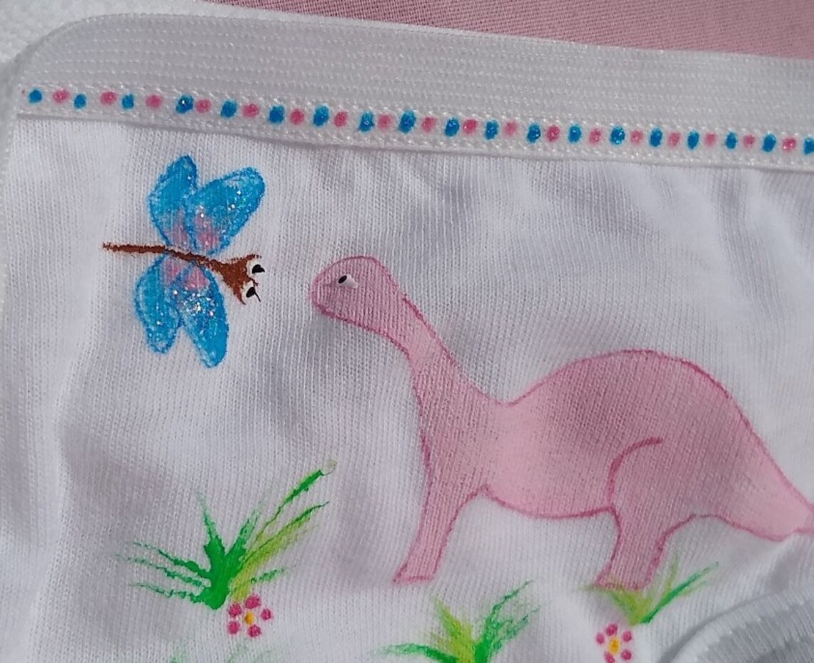 DINOSAUR UNDERWEAR, Girls Panties, Pink, Hand Painted, Girls Size 4,6,8 ...