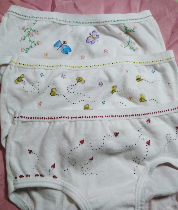 Set of 3 Panties, Ladybugs, Bees and Dragonflies girls Underwear Size  Xsmall,small, Medium Hand Painted 