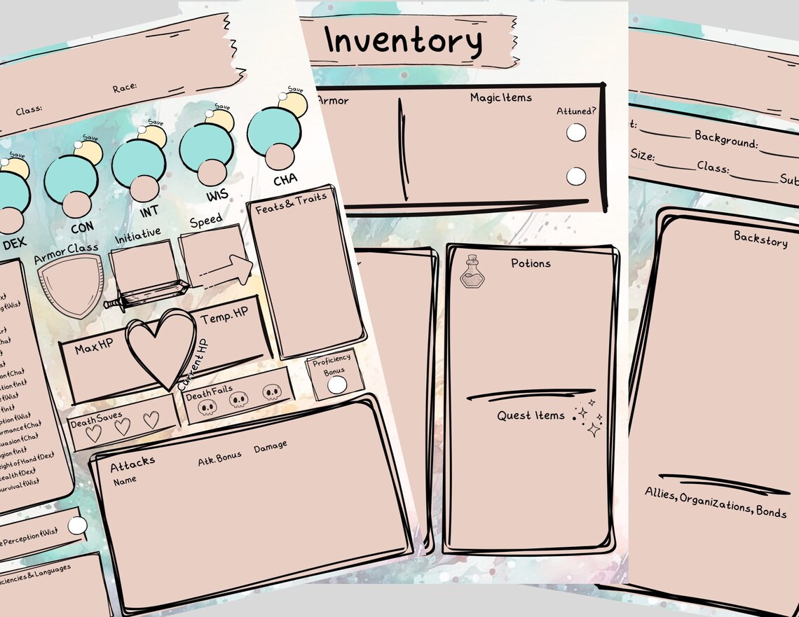 Custom Watercolor Doodle D&amp;D 5e Printable and Fillable Character Sheet ...