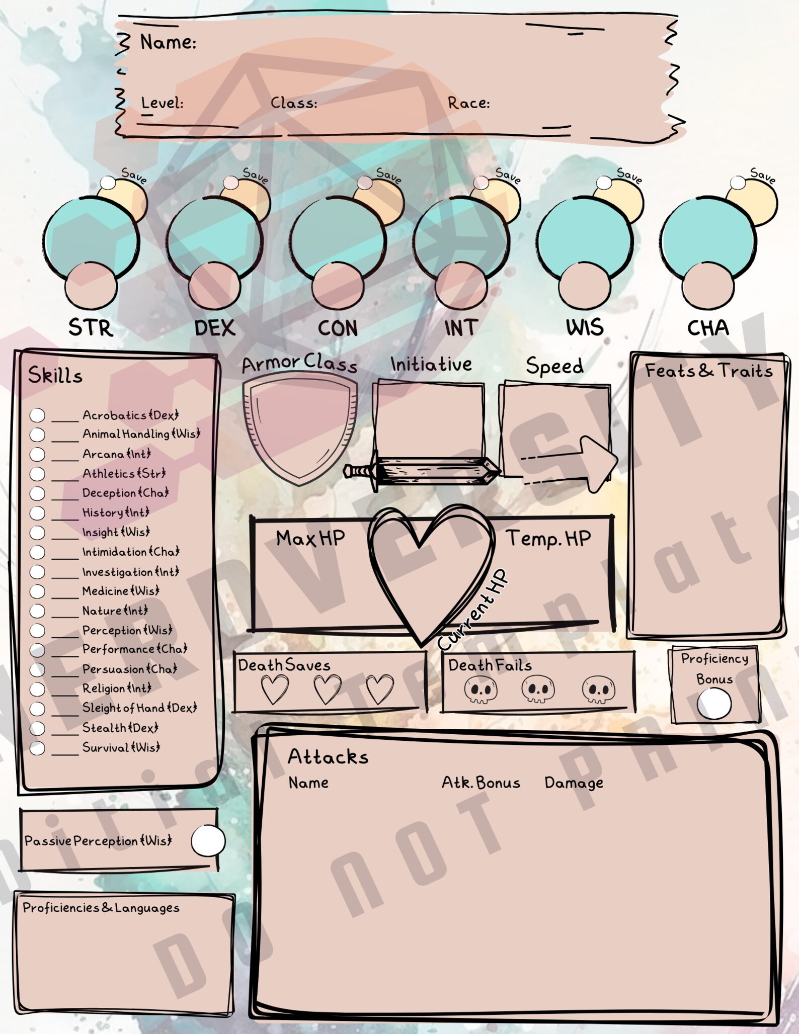 Custom Watercolor Doodle D&amp;D 5e Printable and Fillable Character Sheet ...