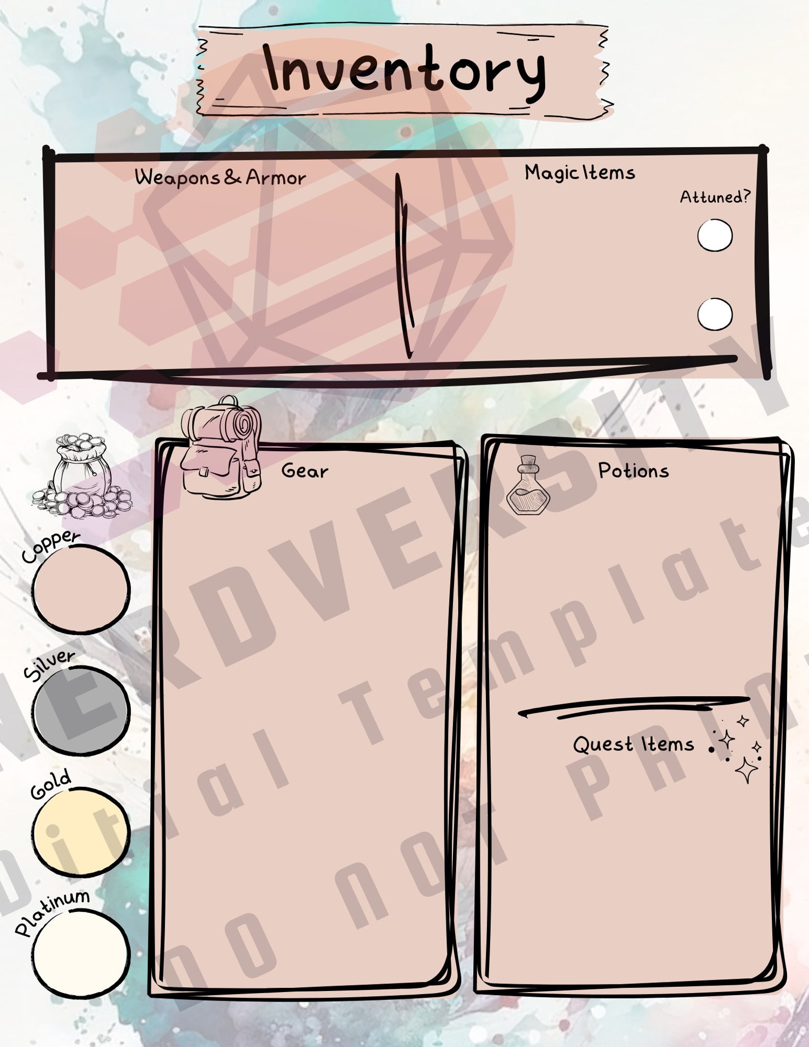 Custom Watercolor Doodle D&amp;D 5e Printable and Fillable Character Sheet ...