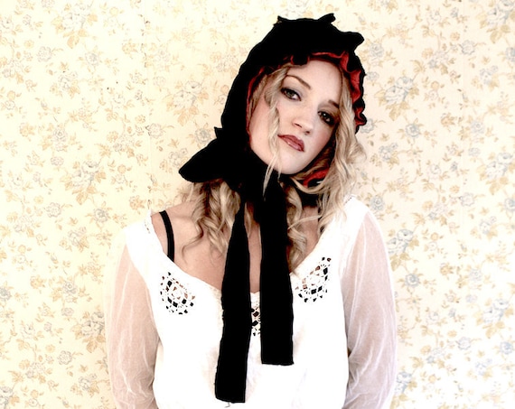 Victorian Mourning Bonnet Hat Velvet Red on the in