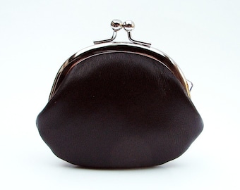 Black Leather Clasp Change Purse Coin Purse with Satin Lining