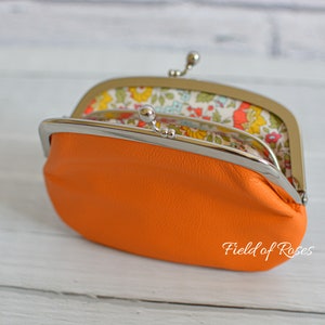 Women's Leather Wallet with Divider Orange Liberty of London Floral Lining