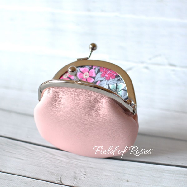 Small Leather Coin Purse Light Pink with Liberty of London Floral Lining