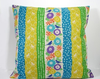 Decorative Pillow Cover Bird and Flowers Yellow Green Blue 20" x 20"