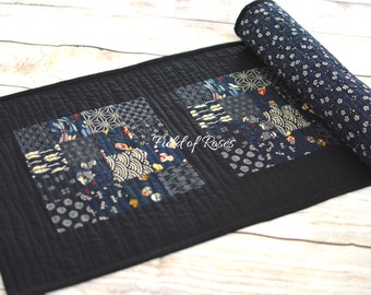 Quilted Table Runner Japanese Traditional Prints Kimono Indigo