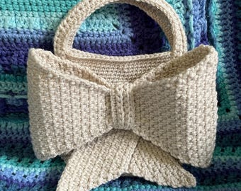 Crochet Bow Handbag in Linen - Neutral Ribbon Purse - Coquette Bag - Handmade Small Tote - Gift for Her