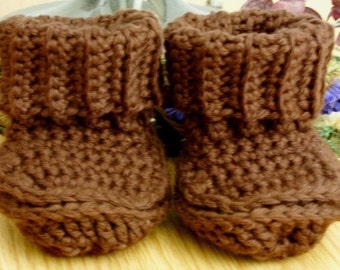 Brown Cotton Baby Booties - Brown Cotton Crib Shoes - Ribbed Cuff Baby Booties - Brown Cuffed Baby Booties - 0-3 months