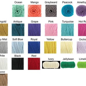 May include: A collection of yarn skeins in various colors, including Ocean, Mango, Graybeard, Peacock, and Amethyst. Other colors include Sungold, Antique Teal, Grape, Pink, and Turquoise. Additional colors are Hot Rose, Gray Mist, Soft Blue, Royal, Yellow, Buttercup, and Orchid.