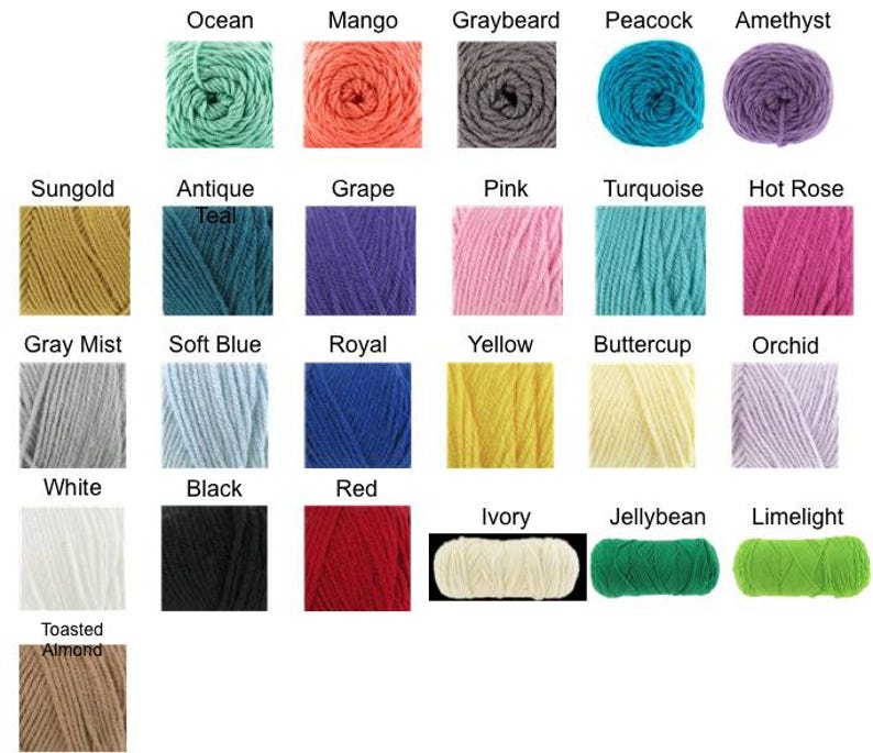 May include: A collection of yarn skeins in various colors, including Ocean, Mango, Graybeard, Peacock, and Amethyst. Other colors include Sungold, Antique Teal, Grape, Pink, and Turquoise. Additional colors are Hot Rose, Gray Mist, Soft Blue, Royal, Yellow, Buttercup, and Orchid.