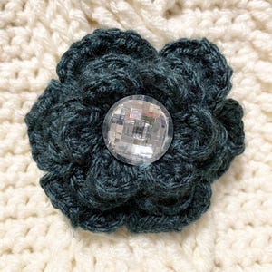 Deep Teal Heather Crochet Flower Brooch with Faceted Button – Handmade Pin, Elegant Three-Layer Petal Floral Accessory