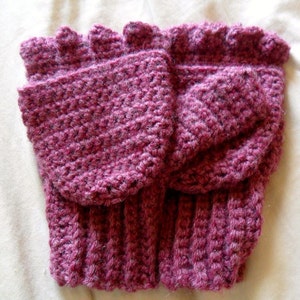 Warm Wool Crocheted Deep Rose Heather Convertible Fingerless Mittens/Gloves Pink image 3