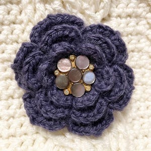 Grape Purple Crochet Flower Brooch with Rhinestone Button – Handmade Three-Layer Petal Pin, Elegant Floral Accessory