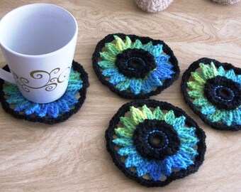 Black and Blue Coasters - Black and Blue Mug Mats - Flower Coasters - Black and Blue Flower Coasters - Flower Mug Mats - Set of 4