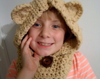 Chunky Bear Hooded Cowl - Bear Hood - Tan Bear Hood - Child Hood - Child Bear Hood - Ready to Ship - Child (6-10 years)