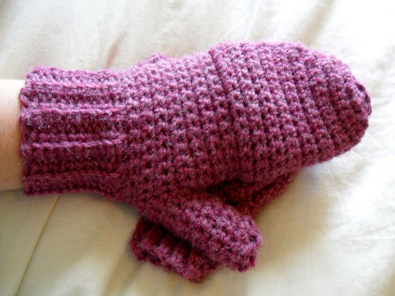 Warm Wool Crocheted Deep Rose Heather Convertible Fingerless Mittens/Gloves Pink image 2