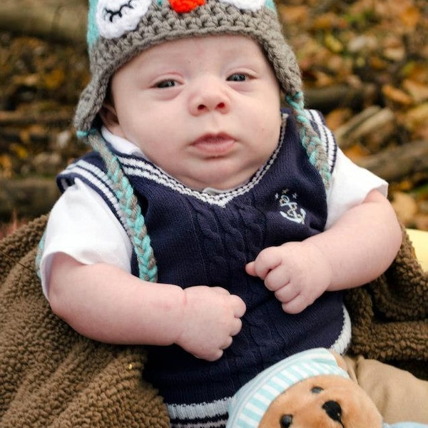 Baby Owl Beanie - Baby Owl Hat - Baby Owl Earflap Hat - Sleepy Owl Beanie - Sleepy Owl Hat - Sleepy Owl Earflap Hat - 0-12 months