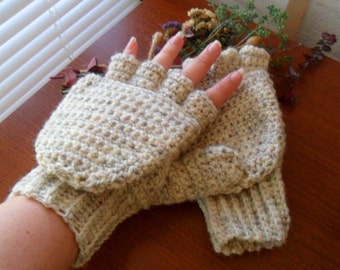 Warm Wool Crocheted Wheat Convertible Fingerless Mittens/Gloves - Cream Beige Brown Tan