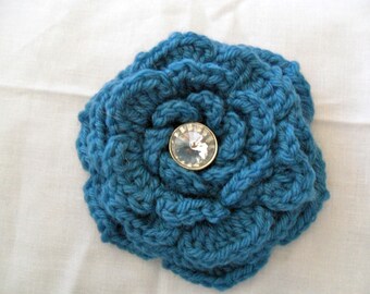 Teal Wool Flower Brooch - Blue Wool Flower Brooch - Teal Flower Brooch - Blue Flower Brooch - Rhinestone Flower Brooch