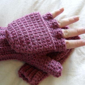 Warm Wool Crocheted Deep Rose Heather Convertible Fingerless Mittens/Gloves Pink image 1