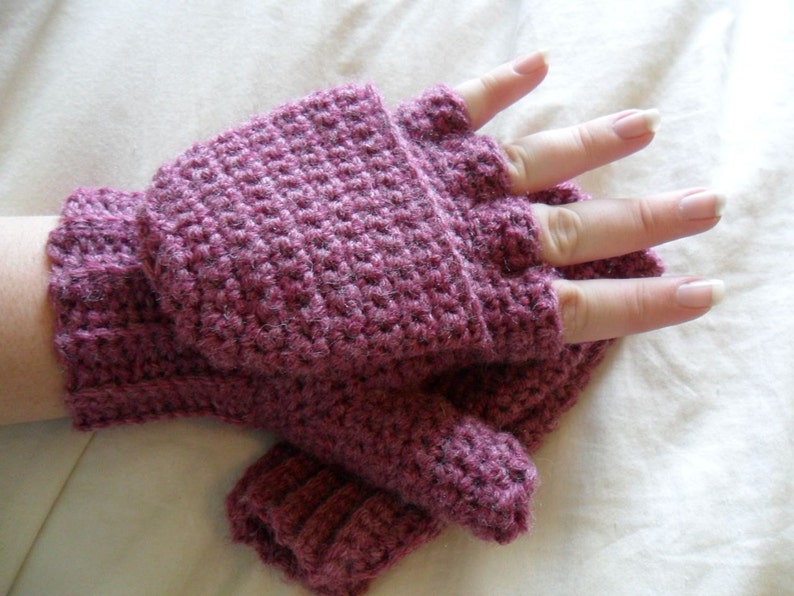 Warm Wool Crocheted Deep Rose Heather Convertible Fingerless Mittens/Gloves Pink image 1