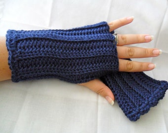 Navy Blue Fingerless Gloves: Short Jersey Hand Warmers - Etsy