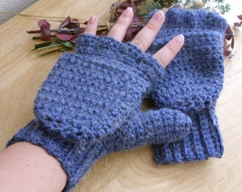 Blue Wool Convertible Mittens - Blue Alpaca Convertible Mittens - Blue Wool Fingerless Mittens - Blue Alpaca Fingerless Mittens