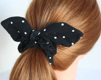 Black and white polkadot print Knit knotted Scrunchie hair tie, bow scrunchie,