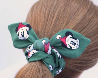 Disney Mickey Mouse CHRISTMAS knotted Scrunchie hair tie, Disney Scrunchie with bow, Scrunchie with bow, Christmas Scrunchie