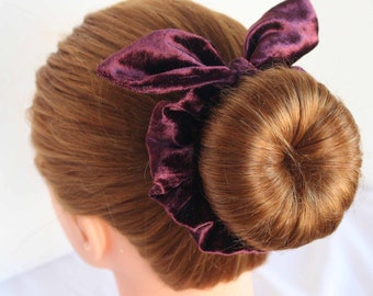 Plum velour velvet Scrunchie with bow hair tie, velvet scrunchie, bow scrunchie,, mauve, purple