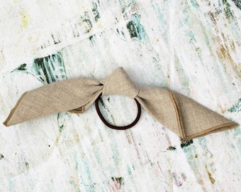 Handkerchief Knotted Bow Hair Tie. Tan Linen ~ Adult Fashion ~ Teen Fashion