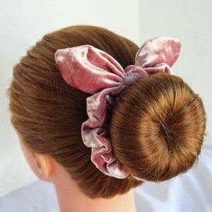 Pink velour velvet Scrunchie with bow hair tie, velvet scrunchie, bow scrunchie,