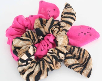 Wild and tame cat bow scrunchie pack ~ Bow Scrunchies, Scrunchie set, scrunchy pack, pink cat scrunchie, tiger scrunchie