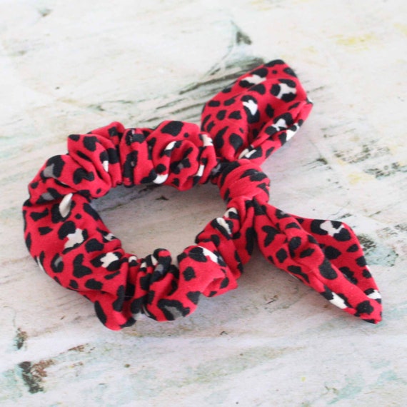Red Cheetah Print Knit Knotted Scrunchie Hair Tie, Bow Scrunchie