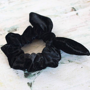 Black  stretch velour Scrunchie with bow hair tie, velvet scrunchie, bow scrunchie,,