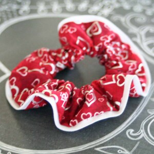 Deluxe Valentine heart print Scrunchie hair tie with white piping ~ 90&#39;s fashion ~ kids ~ adult fashion ~ teen fashion
