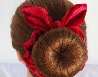 Red stretch velour Scrunchie with bow hair tie, velvet scrunchie, bow scrunchie,, Crimson