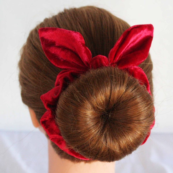 Red stretch velour Scrunchie with bow hair tie, velvet scrunchie, bow scrunchie,, Crimson