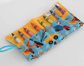 MINI Crayon Roll, crayon holder perfect for purse, diaper bag or travel Fun Construction fabrics. Great for gifts!