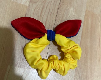 Custom Yellow/red/blue  knotted Scrunchie hair tie, Disney Scrunchie with bow, Scrunchie with bow, USA Scrunchie,