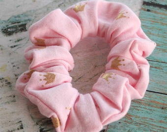 Pink Jersey Knit Scrunchie hair tie with gold crowns ~ 90's fashion ~ kids princess ~ adult fashion