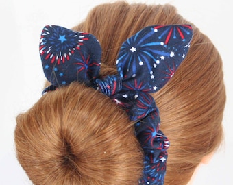 Patriotic firework knotted Scrunchie hair tie, firework scrunchie with bow, Scrunchie with bow, USA Scrunchie, 4th of July