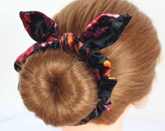 Black and Maroon stretch velour Scrunchie with bow hair tie, velvet scrunchie, bow scrunchie,, red floral