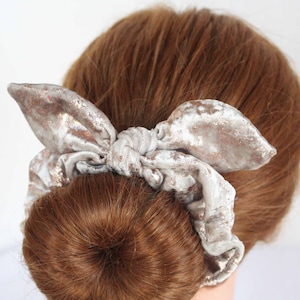 Tan and Gold stretch velour Scrunchie with bow hair tie, velvet scrunchie, bow scrunchie, Crushed velvet
