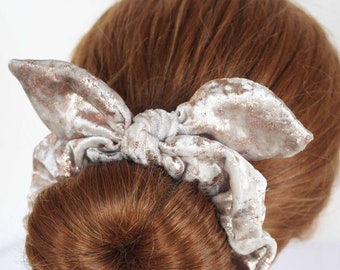 Tan and Gold stretch velour Scrunchie with bow hair tie, velvet scrunchie, bow scrunchie, Crushed velvet