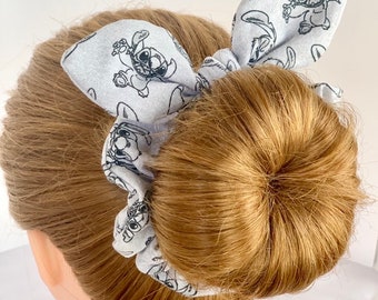 Disney Lilo & Stitch gray Jersey Knit knotted Scrunchie hair tie,  Stitch Scrunchie with bow, Disney bow scrunchie, bow scrunchie