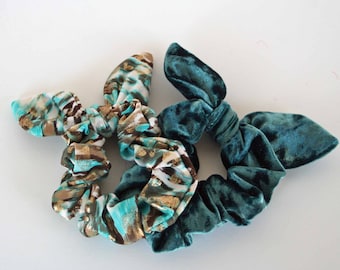 Turqoise  stretch velour Scrunchie with bow and Turquoise and gold knit scrunchie with bow set of 2.  bow scrunchie, Scrunchie Pack