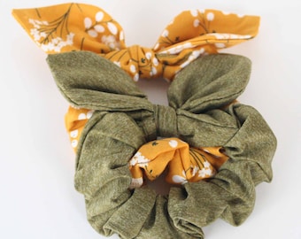 Mustard and olive bow scrunchie pack ~ Bow Scrunchies, Scrunchie set, scrunchy pack, earth tones